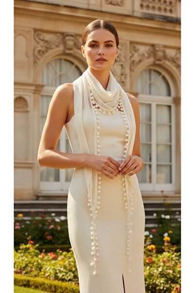 Gönülden Tasarım Ecru din material subțire Tricotaj Pompon Fular pentru femei