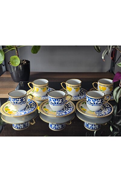 EMİRA HOME مجموعة القهوة التركية المزخرفة المزدوجة ليمون - 6 أشخاص