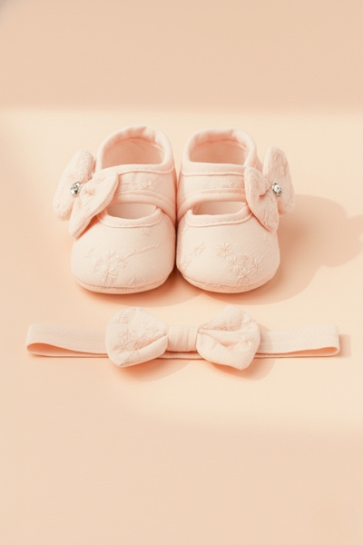 LOGO AKSESUAR 0-3 Ay Yeni Doğan Inci Çiçekli Somon Bebek Bandana Patik Seti