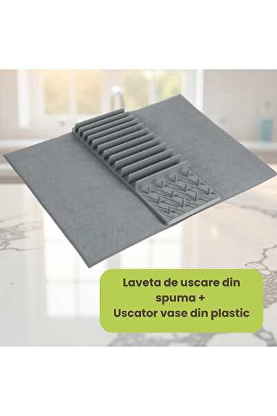 OEM Plastic dish drying rack for 11 plates with absorbent mat, gray, 45x60cm