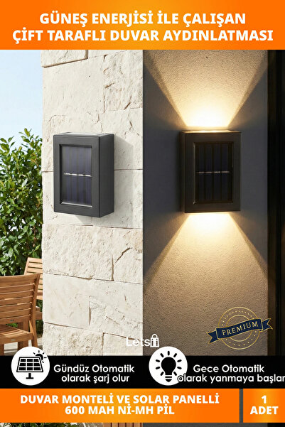 Letsii Güneş Enerjili Su Geçirmez Çift Taraflı Duvar Aydınlatma Lamba