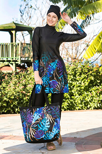 Armes Tasarım Likralı Tam Kapalı Tesettür Mayo Yaprak Desenli 270/134 Siyah