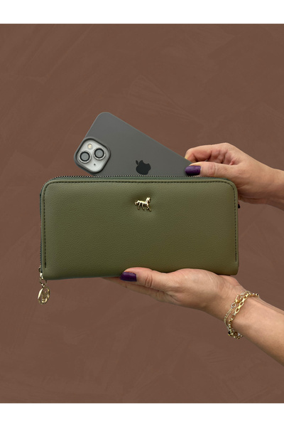 shiny ever Δερμάτινη γυναικεία τσάντα πορτοφόλι μεγάλου μεγέθους με θήκη τηλεφώνου με πράσινη χρυσή λεπτομέρεια