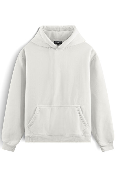 3 ROPE Unisex Beyaz Oversize Kapüşonlu Içi Polarlı 3 Iplik Basic Pamuklu Sweatshirt Hoodie Beyaz