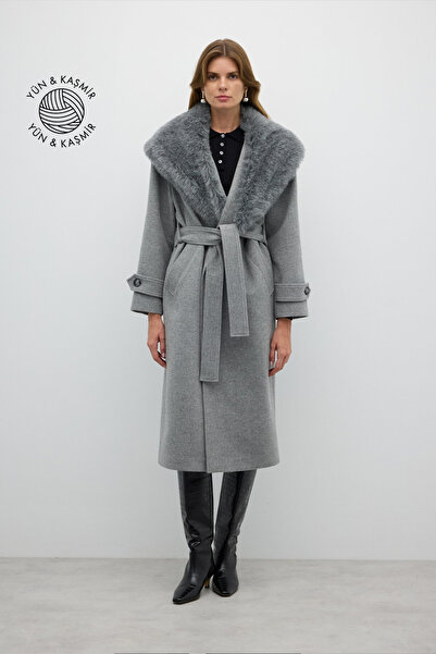 Roman Çıkarılabilir Kürk Yakalı Kruvaze Yün Kaban Gri K2619001_004