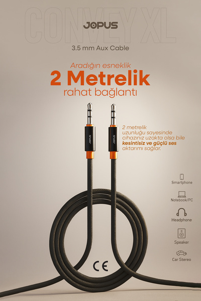 Jopus 3.5mm Aux To 3.5mm Aux Ses Kablosu Stereo Destekli Örgülü 2 Metre