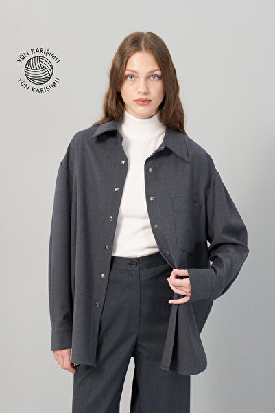 Roman Çıtçıtlı Yün Gömlek Koyu Gri K2513531_058