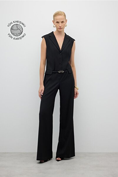 Roman Çıkarılabilir Kemer Detaylı Geniş Paça Tulum Siyah K2612402_001