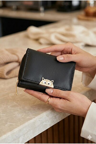 PurpleART Kadın Mini Kedi Detaylı Basic Kağıt Para Bozuk Para ve Kartlık Bölm...