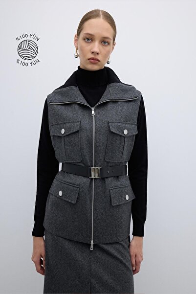 Roman %100 Yün Beli Seyyar Kemerli Fermuarlı Yelek Koyu Gri K2617012_058