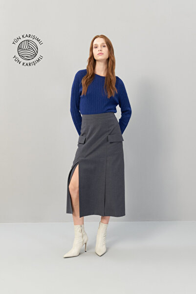 Roman Yün Yırtmaçlı Midi Boy Etek Koyu Gri K2515030_058