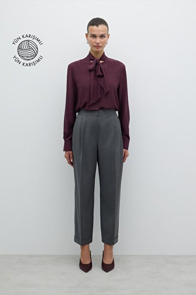 Roman Yün Double Paça Çift Pileli Havuç Pantolon Gri K2612025_004