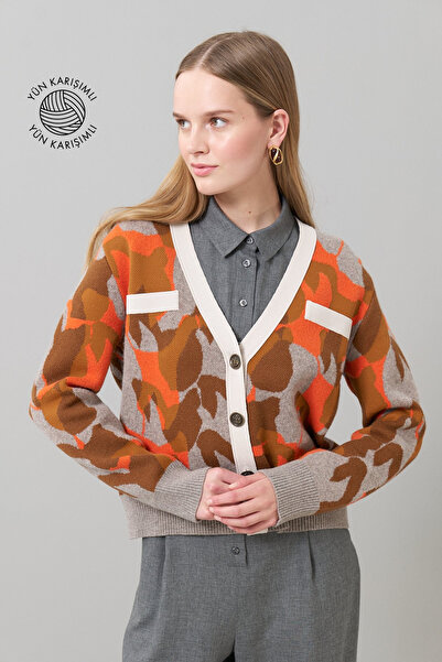 Roman V Yaka Düğmeli Yün Triko Oranj-Taba K2571023_652