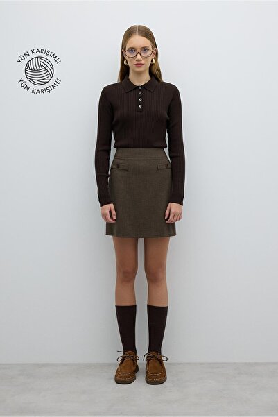 Roman Süs Cep Kapaklı Mini Etek Kahve K2615009_005