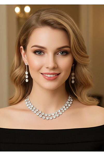 TAKİŞKO Completely Covered with Zircon Stones Silver Color Handmade Design Set