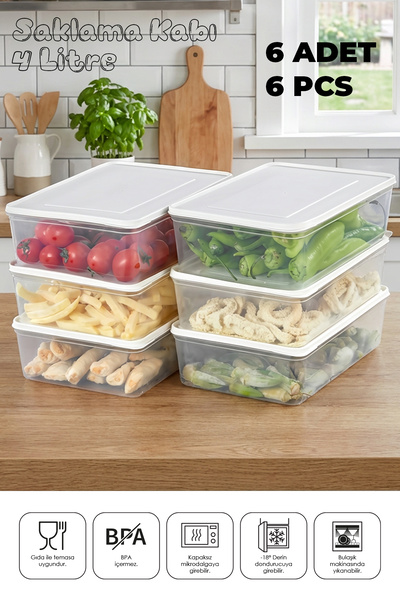 Espas Home مجموعة من 6 حاويات تخزين Freshkeep مناسبة للميكروويف والفريزر العميق - أبيض / 6*6000 مل