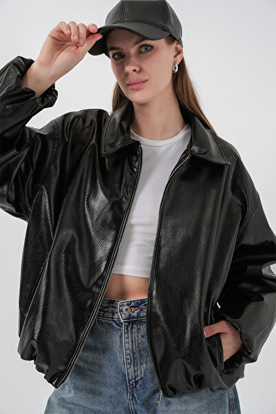 Bigdart Γυναικείο μπουφάν από συνθετικό δέρμα oversized 1049 - Μαύρο