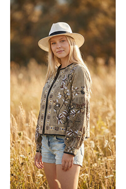 Matcha Butik Women's Velvet Embroidered Ethnic Pattern Balloon Sleeve Jacket - Light Khaki Color