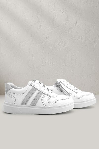 Rakerplus حذاء رياضي للأطفال من الجلد الطبيعي باللون الأبيض بسحاب ورباط