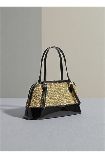 LEATHEROO Geantă baghetă cu sclipici aurie cu design special texturat pentru femei