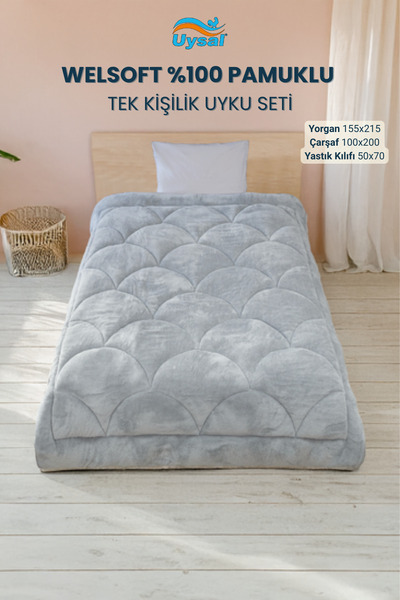 UYSAL WELSOFT AKFİL MİDYE DESEN TEK KİŞİLİK UYKU SETİ GRİ 155x215