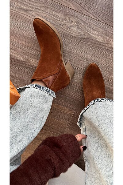 Saracshoes Gerçek Deri Süet Kadın Bot Taba Cozy