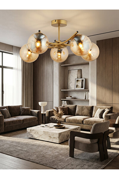 avimonaydınlatma FERMA 5'Lİ BAL RENGİ GLOP CAMLI MODERN ESKİTME PLAFONYER AVİZE  Salon oturma odası Hol Yatak Odası