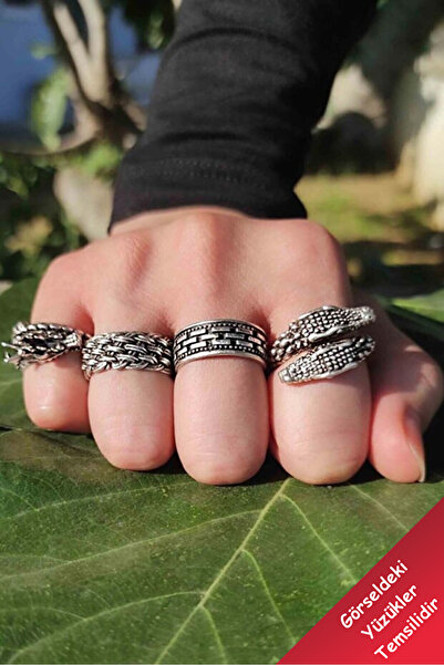 The Collection Unisex 4'lü Gümüş Kaplama Ayarlanabilir Yüzük Set