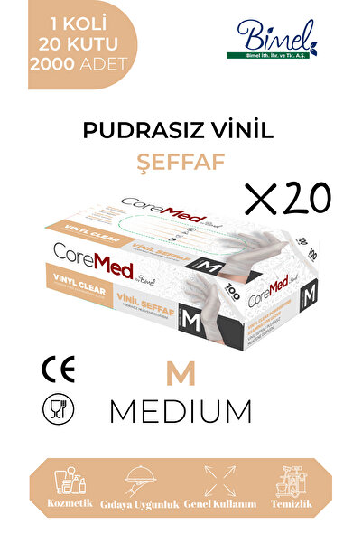 COREMED Vinil Şeffaf Pudrasız Muayene Eldiveni M - 1 Koli-20 Paket-2000'li