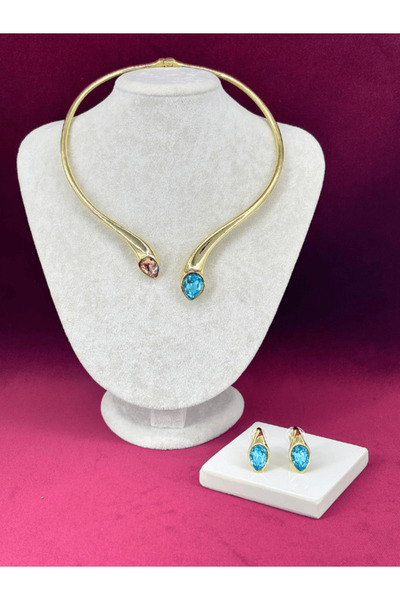 Calista Aksesuar Kahverengi ve Mavi Renklerinde Parlak Taşlı Gold Set