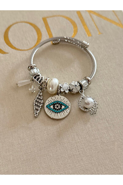 FIERA JEWELRY سوار نسائي فضي اللون قابل للتعديل مع تفاصيل عين اللؤلؤ