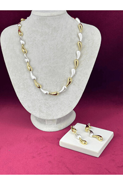 Calista Aksesuar Beyaz ve Altın Renkli İnce Damla Şekilli Set