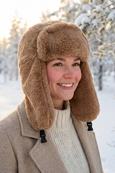 Kapin Suni Kürk Peluş Kulaklı Şapka - Vizon