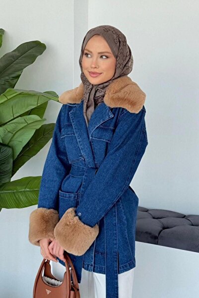 Şulemoda Giyim Denim Sleeve Collar Fur Suit Dark Blue