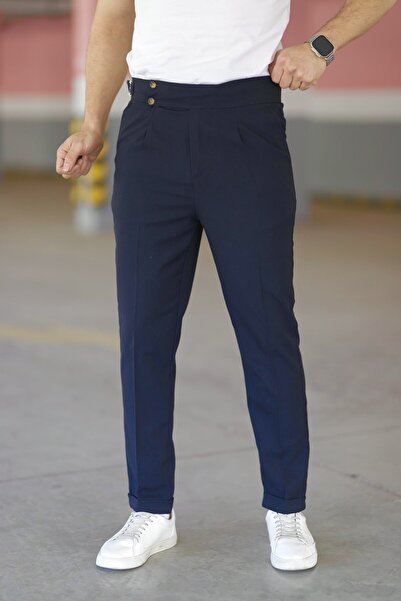 Gussi Navy Blue Old Money Pleated Stretch Fabric Fabric Trousers