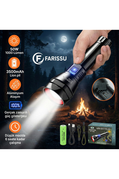 farissu RT-526 50W Profesyonel Uzun Menzilli Şarjlı LED El Feneri – Powerbank...
