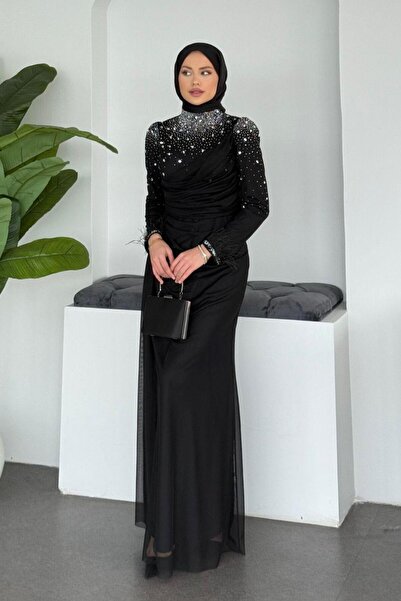 Şulemoda Giyim Βραδινό φόρεμα με μανσέτες από τούλι μαύρο