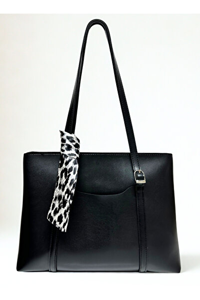 fular & bags Geantă de umăr și de mână neagră pentru femei, cu fermoar, cu eșarfă leopard