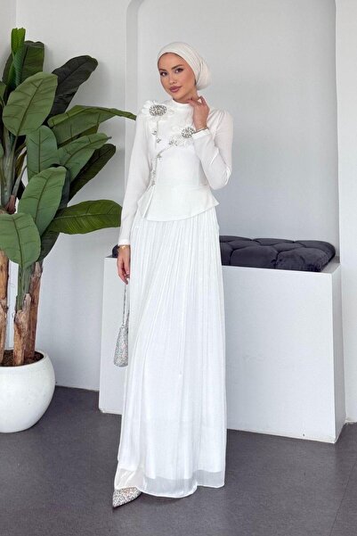 Şulemoda Giyim فستان سهرة من روز ستون باللون الأبيض