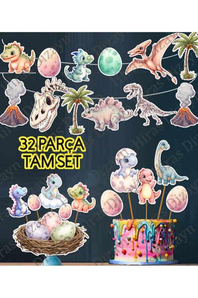 Hiras Dizayn 32 Parça Dinozor Tas Devri Dinozor Simge ve Figürleri Doğum Günü...