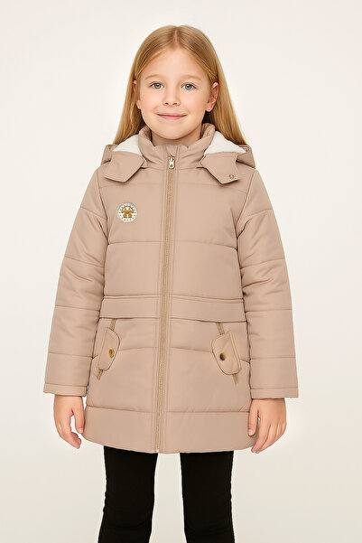 Mika Bebek & Çocuk Beige Girls' Coat with Snap Pocket Detail and Furless Hooded
