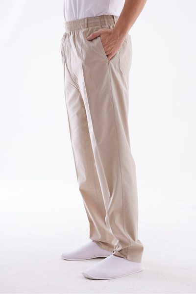 Beratnur Erkek Beli Lastikli %100 Keten Hac ve Umre Pantolon - Bej