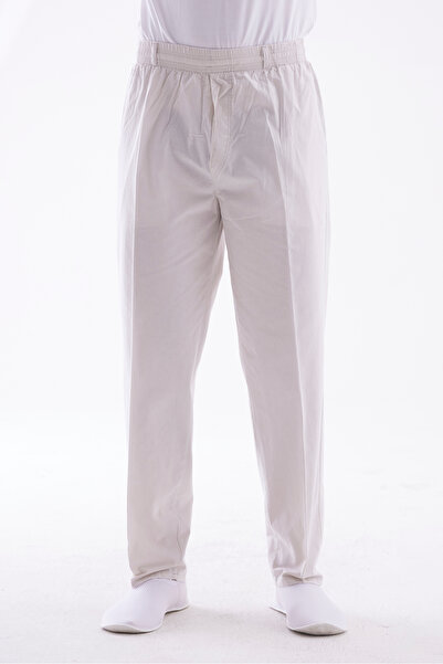 Beratnur Erkek Beli Lastikli %100 Keten Hac ve Umre Pantolon - Krem