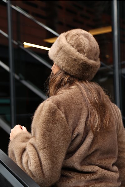 Mağazam Online Premium British Royal Style Kalpak Hat Women's Winter Beanie Plush Faux Fur - Mink Earth