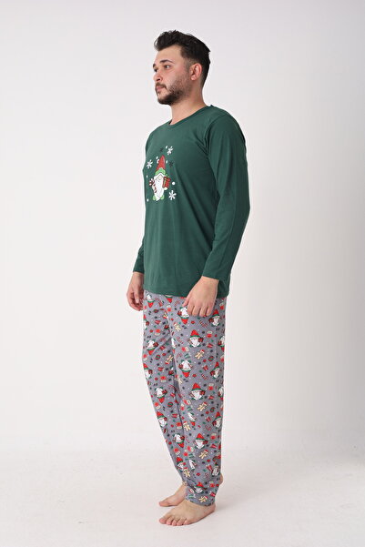 TOSKI Men's Christmas Pajamas, Green, Christmas Figures Print
