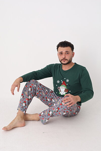 TOSKI Men's Christmas Pajamas, Green, Christmas Figures Print