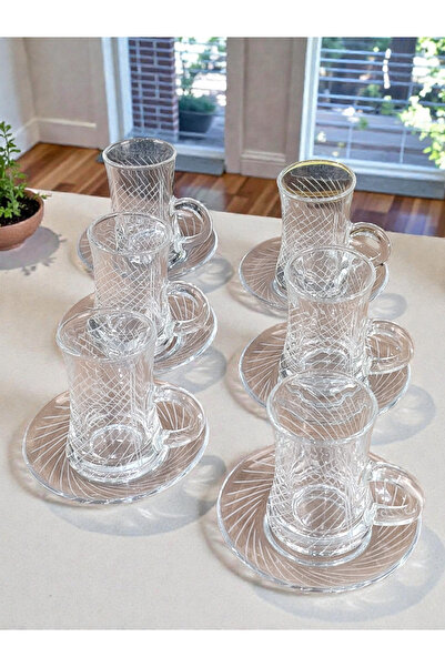 AR Tea cups set, 12 pieces, with engraved pattern on glass, 627T