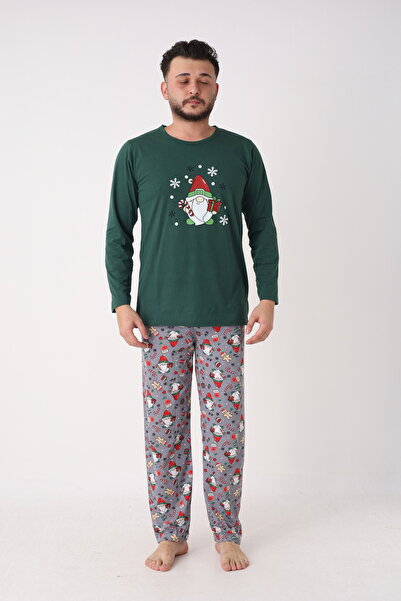 TOSKI Men's Christmas Pajamas, Green, Christmas Figures Print
