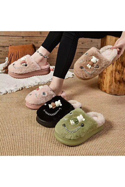OEM Plush slippers with teddy bear, fluffy lining and decorative chain - women's slippers