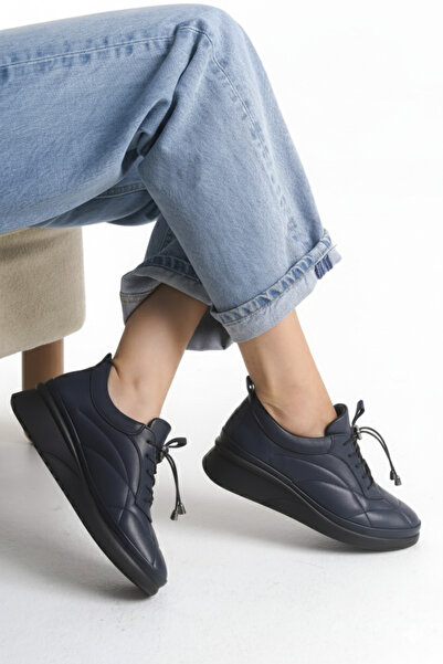 Crista Genuine Leather Navy Blue Orthopedic Comfort Sports Shoes